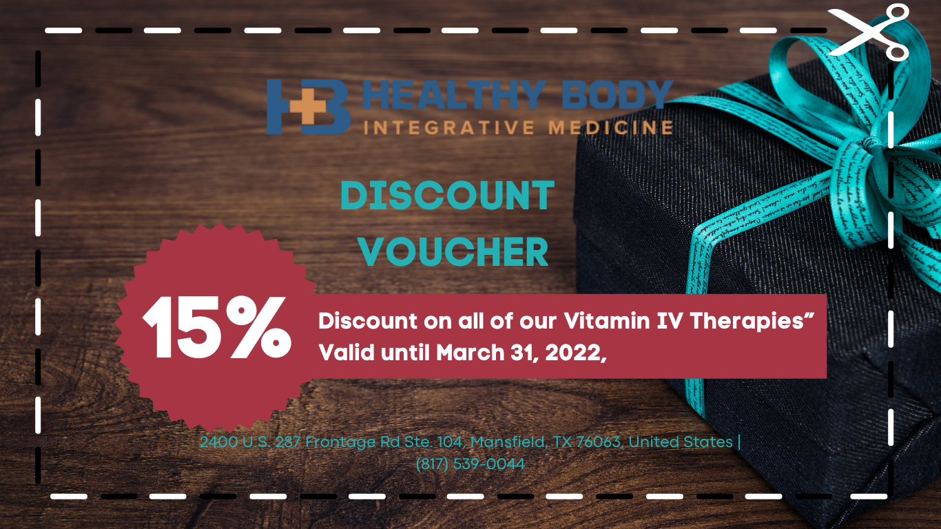 Discount coupon for vitamin IV therapy by Healthy Body Integrative Medicine in Mansfield, TX